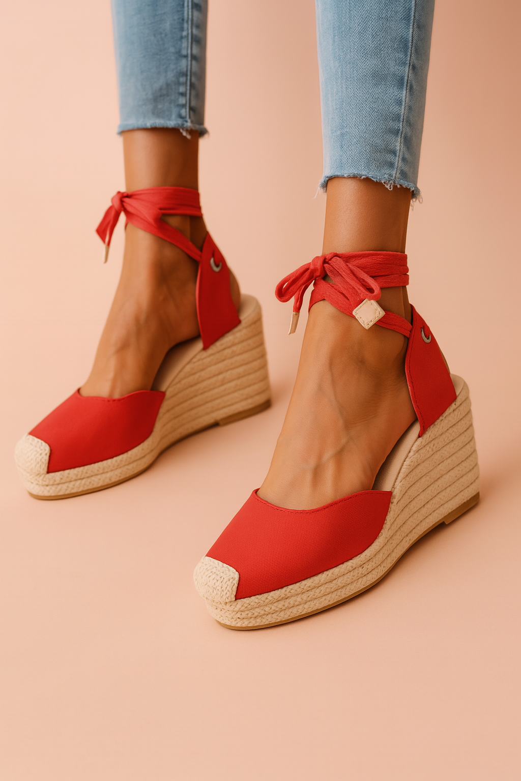 Vibrant red espadrille wedge sandals with closed canvas toes, natural jute-wrapped platform soles, and red ankle-wrap fabric ties with metallic grommet accents.