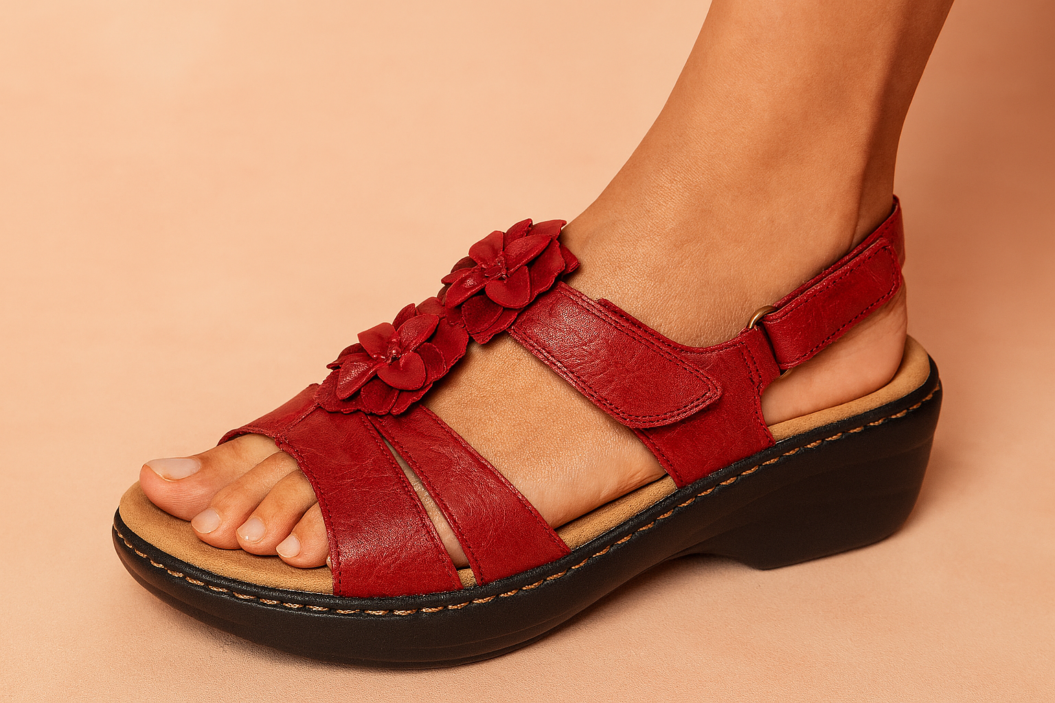 Red leather open-toe sandals with layered floral appliqués, featuring a cushioned beige insole, black wedge outsole, and secure Velcro ankle strap.