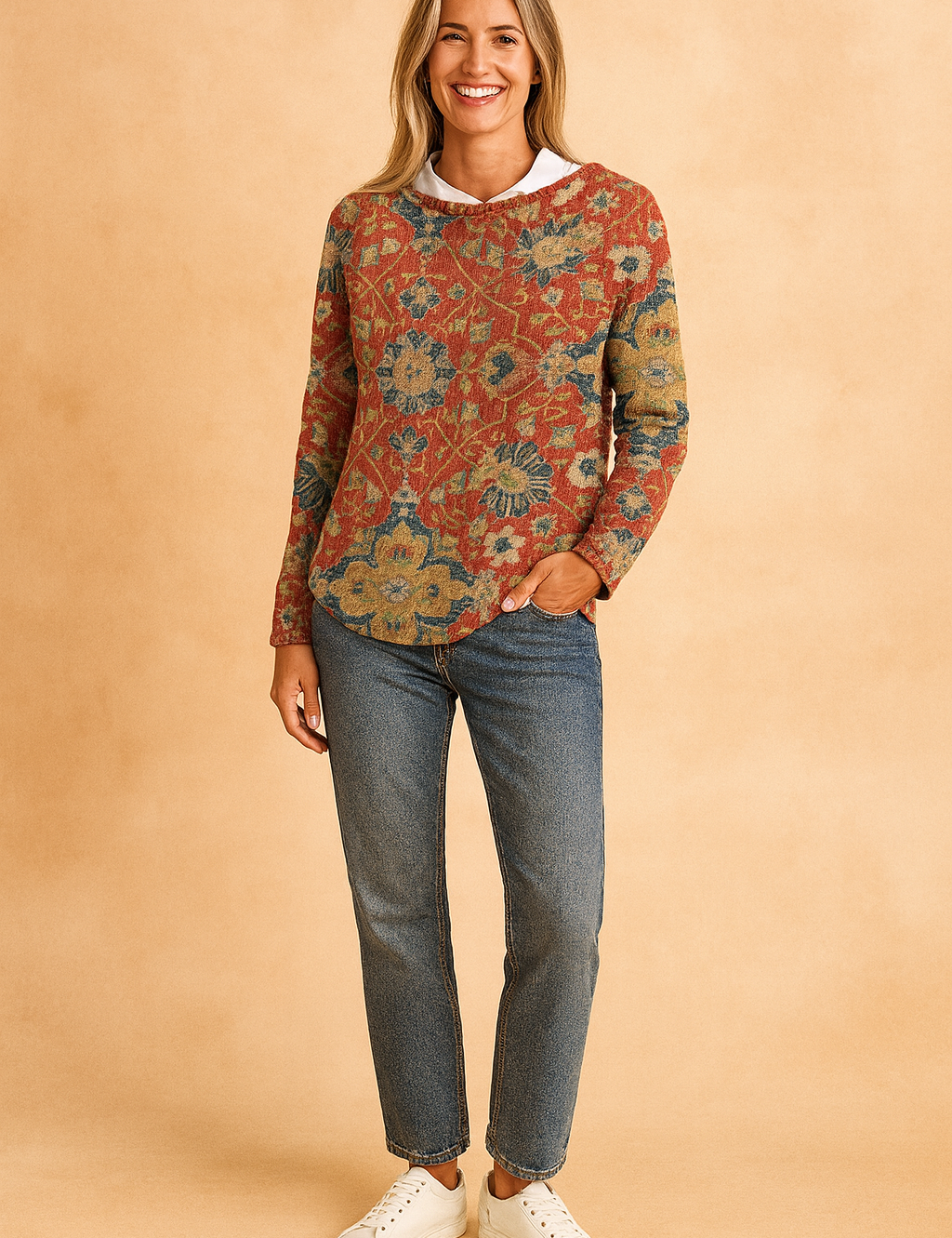 Red floral-pattern knit sweater with intricate blue, yellow, and green motifs, paired with classic blue jeans and white sneakers.