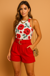 Floral print sleeveless top with bold red roses paired with high-waisted red shorts featuring a statement gold buckle belt, accessorized with a chunky gold necklace and a metallic gold crossbody bag.