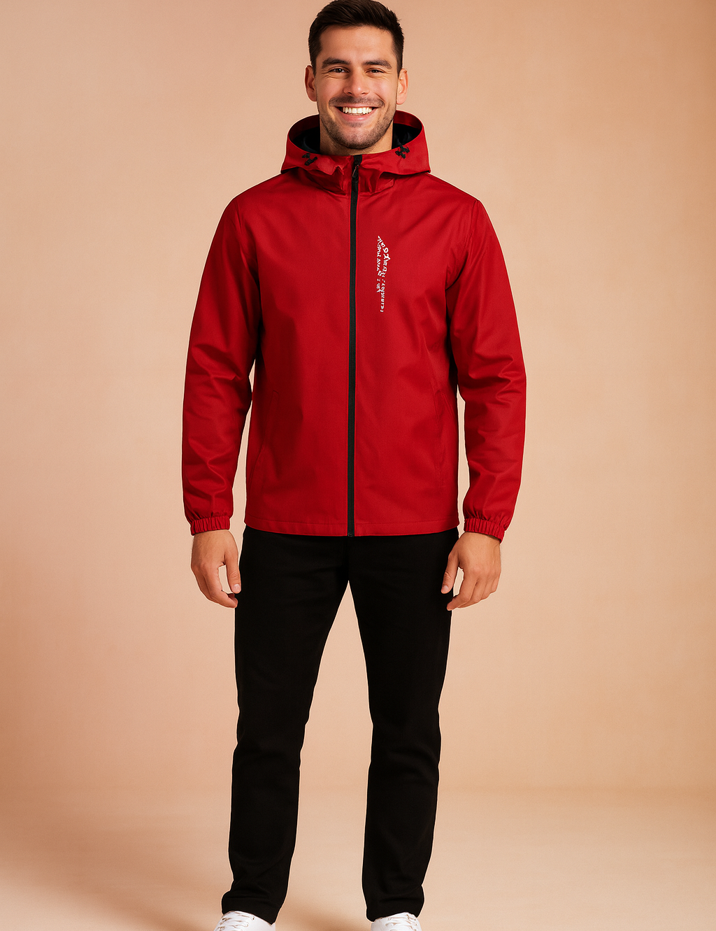 Red hooded softshell jacket with front zipper and logo print, paired with black trousers and white sneakers.