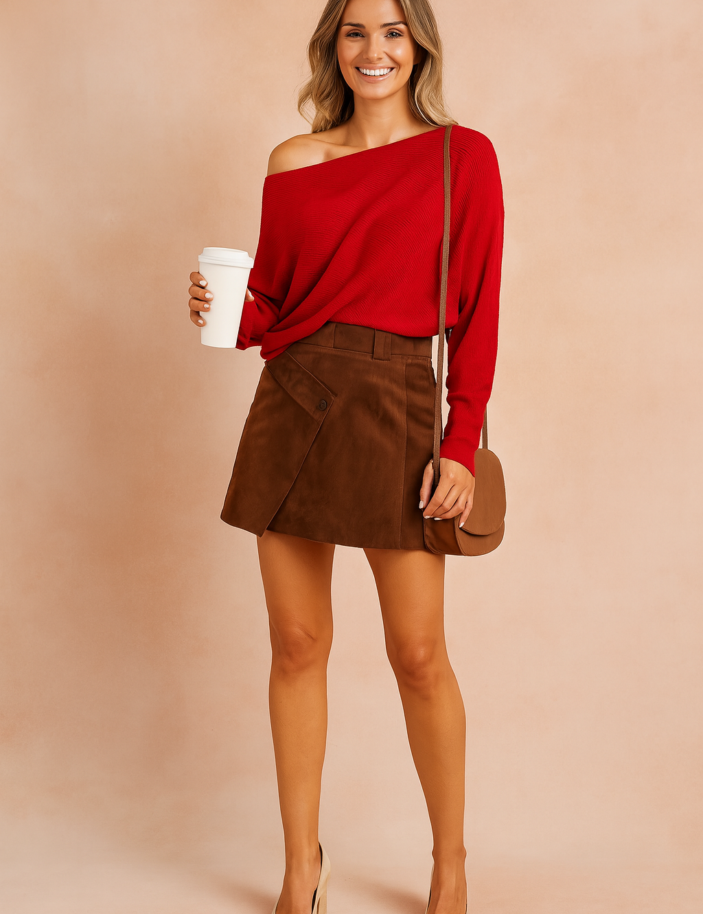 Red off-the-shoulder knit sweater paired with a brown suede mini skirt, beige high heels, and a small brown crossbody bag.