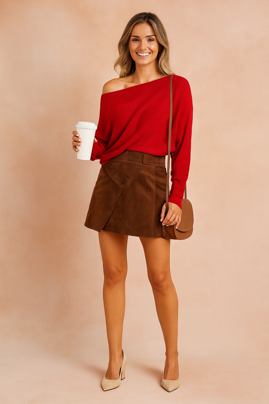 Red off-the-shoulder knit sweater paired with a brown suede mini skirt, beige high heels, and a small brown crossbody bag.