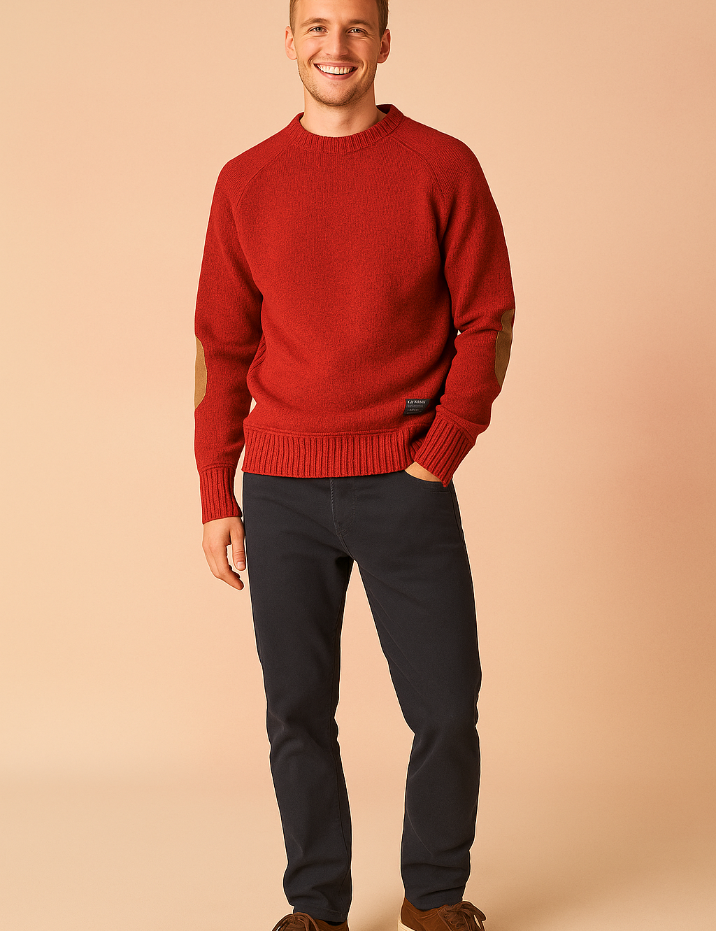 Red knit crewneck sweater with tan suede elbow patches, ribbed cuffs, and hem, paired with dark slim-fit trousers and brown suede sneakers.