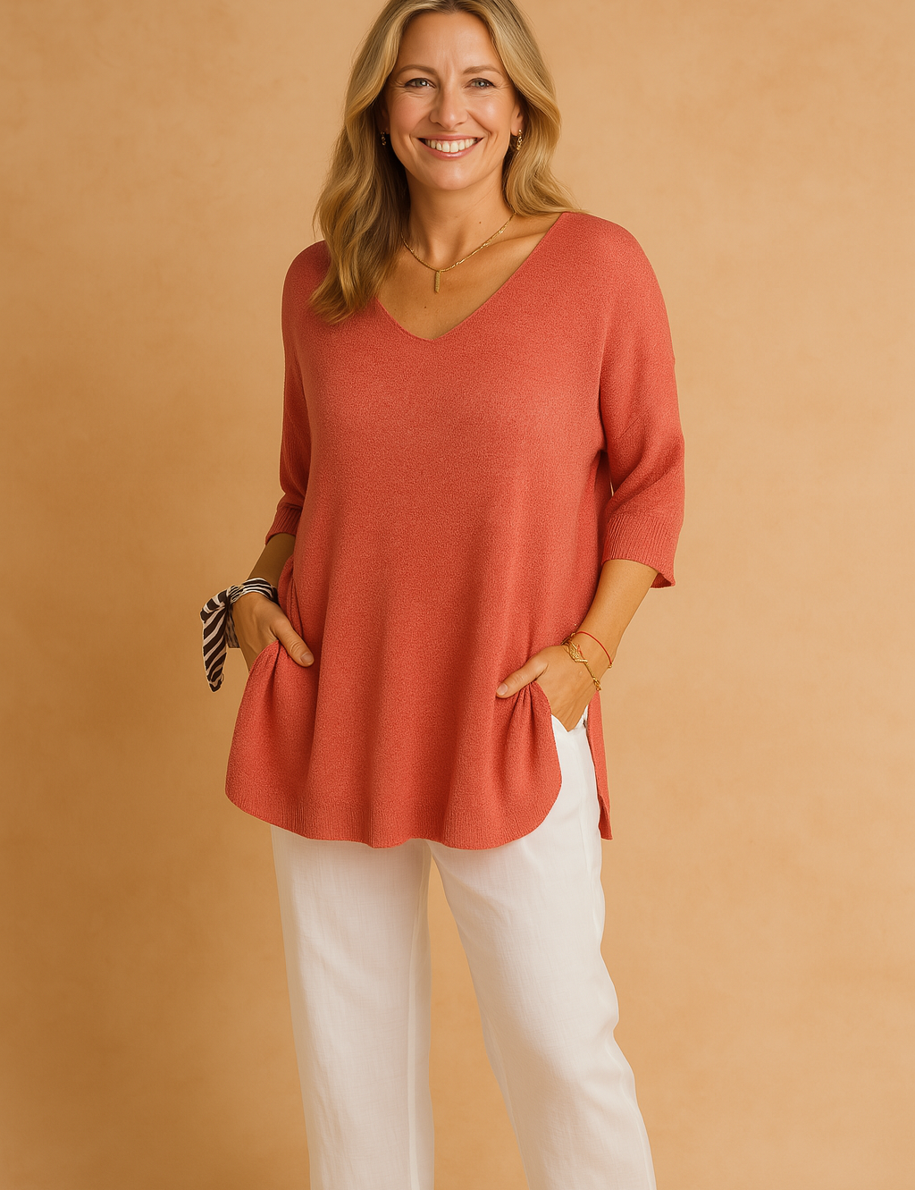 Loose-fit red knit tunic with a soft V-neckline and elbow-length sleeves, paired with straight-leg white linen trousers for a relaxed, elegant look.