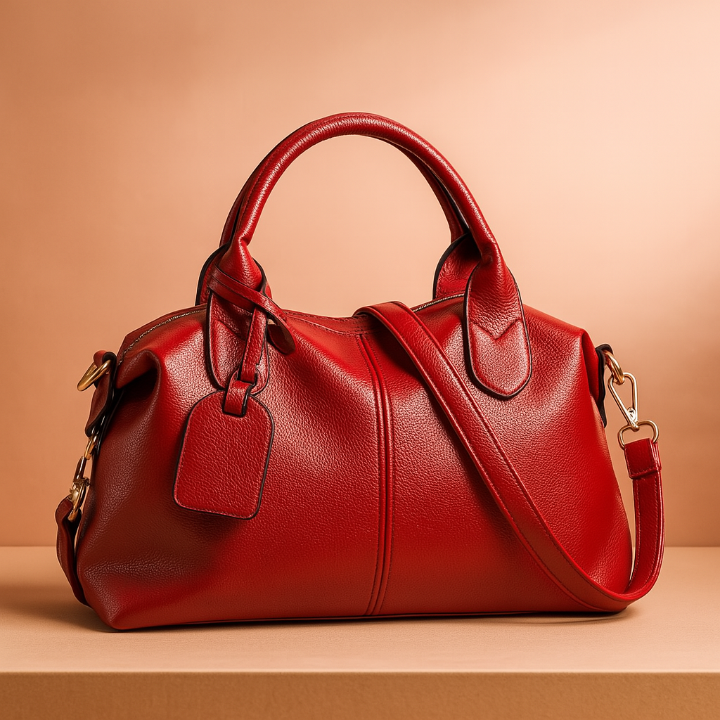 Red pebbled leather handbag with rounded handles, black trim, luggage tag, and detachable shoulder strap on a soft blush gradient background.