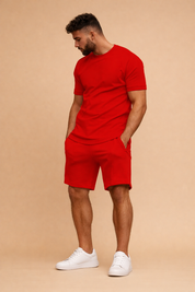 Red matching short sleeve t shirt and shorts set with smooth fabric finish, relaxed tailored fit, elastic waist shorts, and clean minimalist design