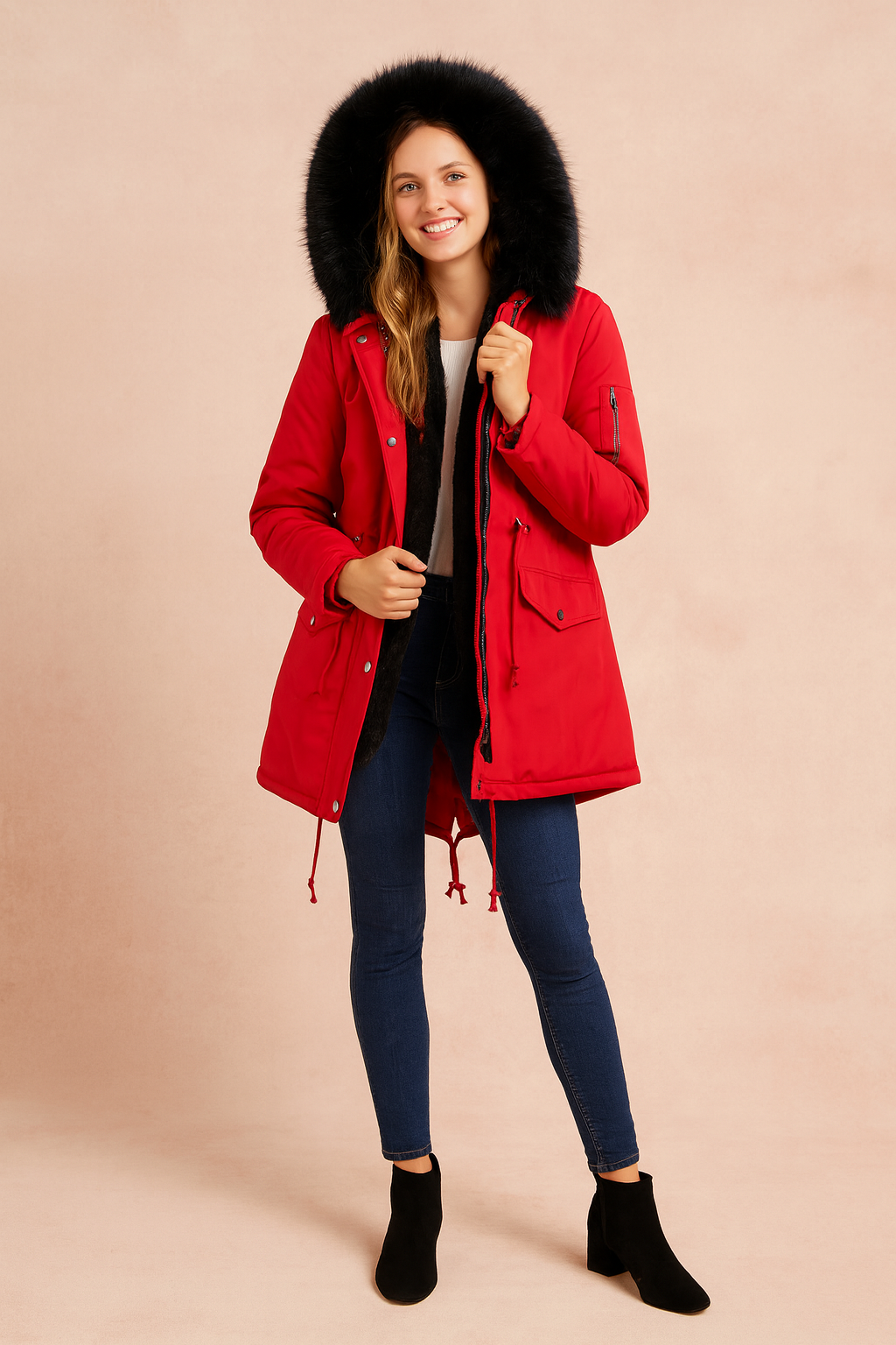 Red winter parka jacket with faux fur hood, front zipper and snap button closure, large flap pockets, adjustable waist drawstring, paired with slim blue jeans and black ankle boots.