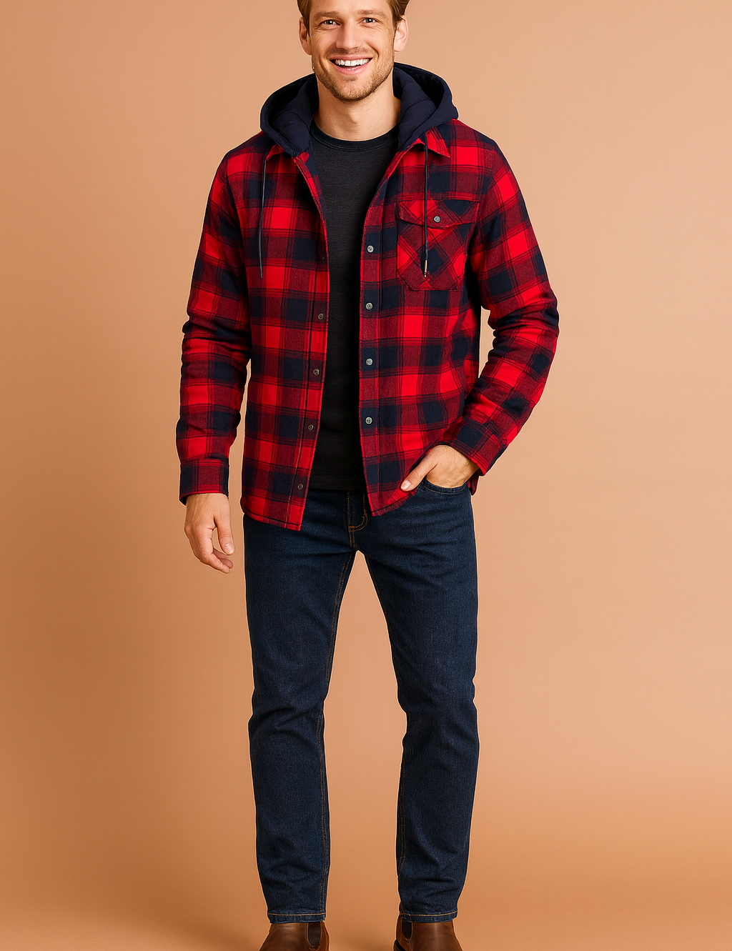 Red and black plaid hooded flannel jacket with button closure, chest pocket detail, slim dark blue jeans, and brown leather Chelsea boots.