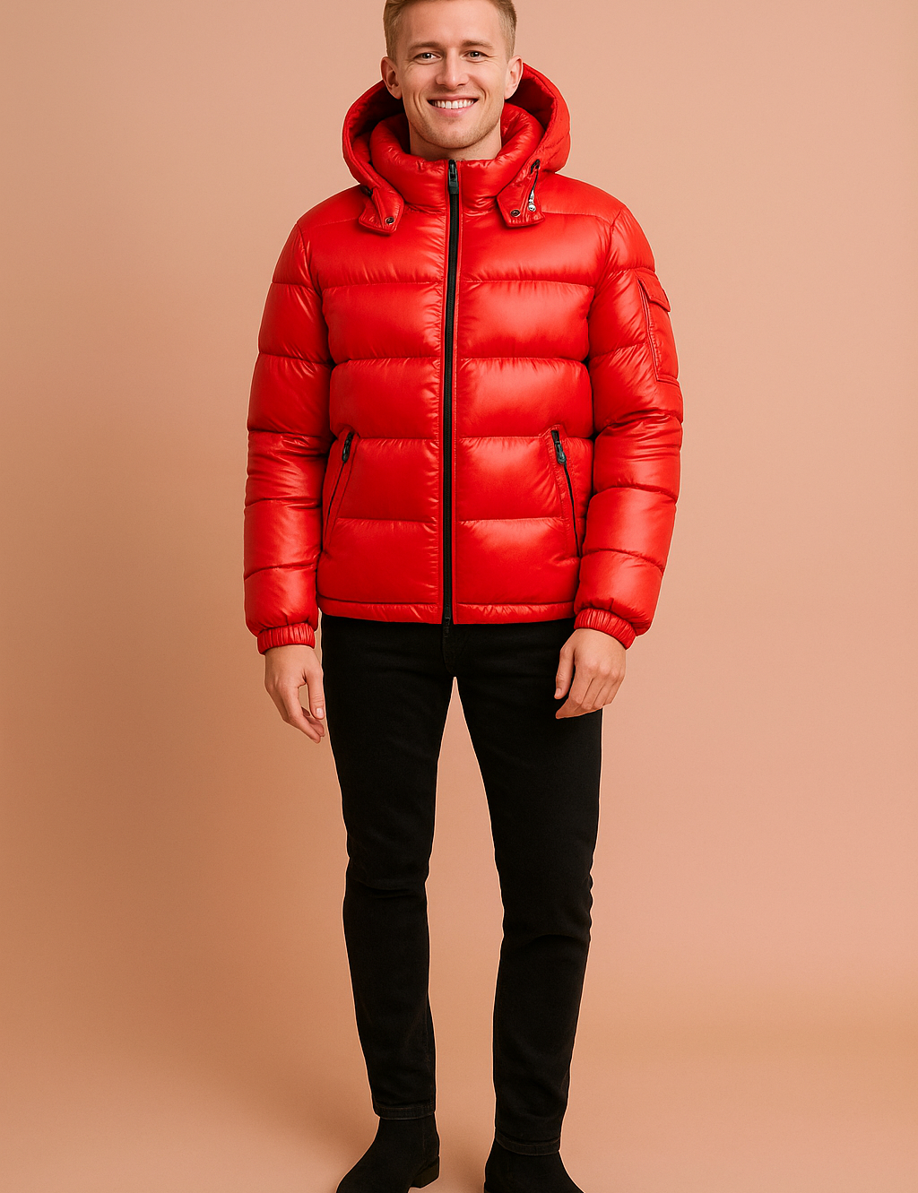 "Men’s red puffer jacket with hood, glossy quilted design, front zipper, and side pockets, styled with black pants and black boots."