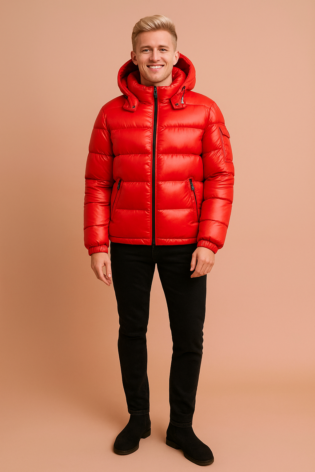 "Men’s red puffer jacket with hood, glossy quilted design, front zipper, and side pockets, styled with black pants and black boots."