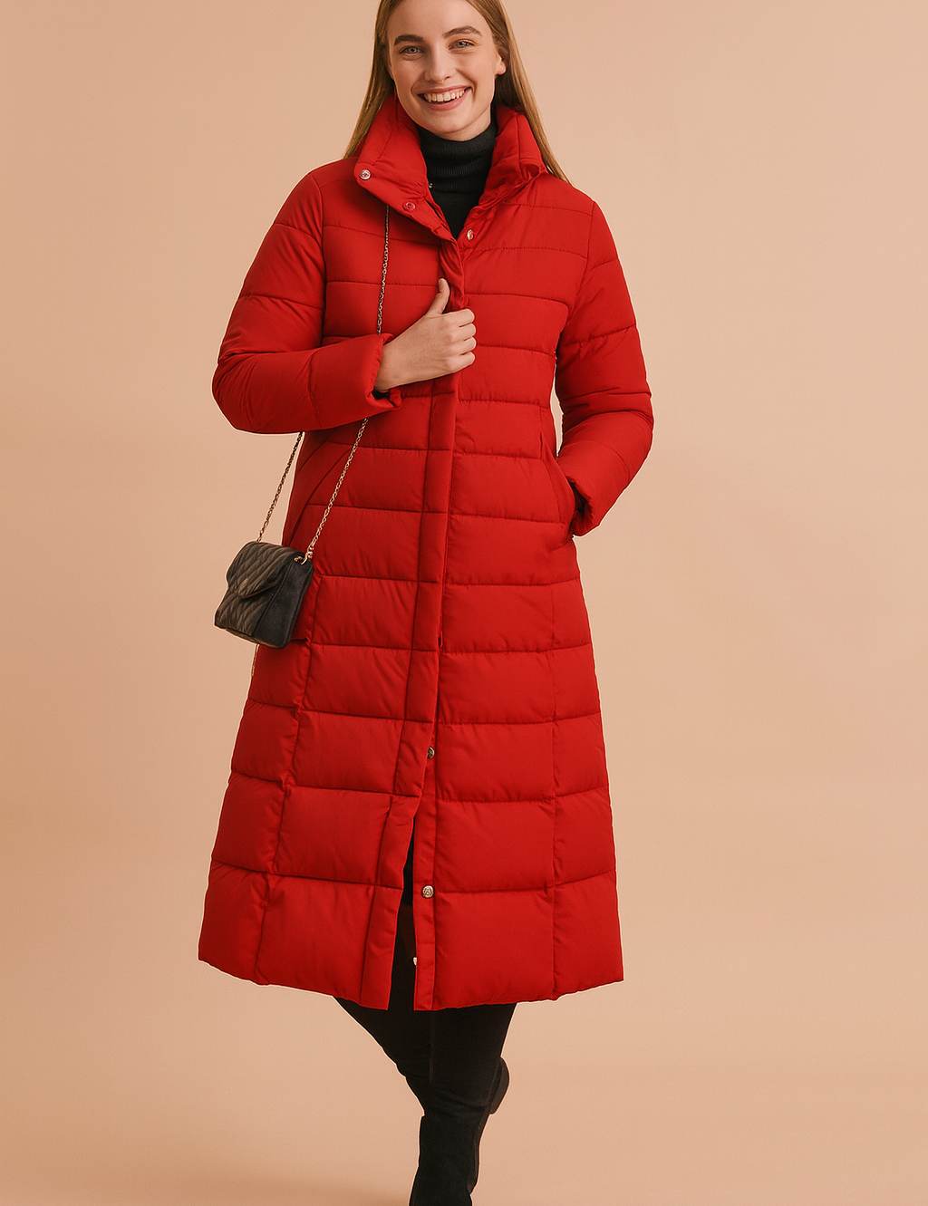 Long red quilted puffer coat with high collar and button closure, styled with black turtleneck, slim pants, and black boots, completed with a quilted crossbody bag.