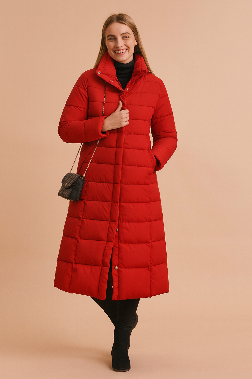 Long red quilted puffer coat with high collar and button closure, styled with black turtleneck, slim pants, and black boots, completed with a quilted crossbody bag.