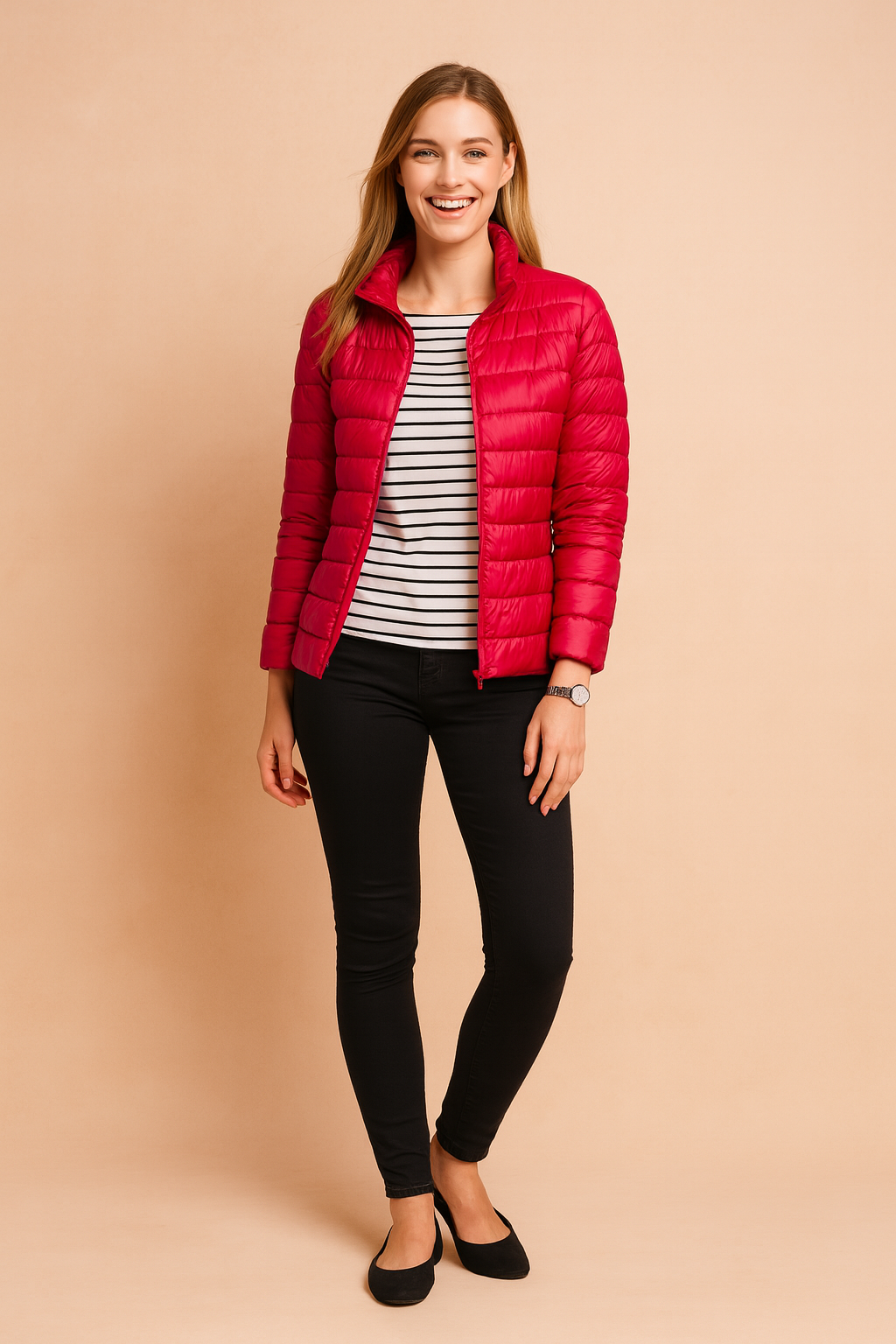 Bright red quilted puffer jacket with horizontal stitching, high collar, and zip closure, styled with a striped shirt, slim black pants, and black flats.