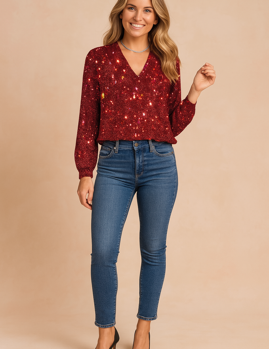 Red long-sleeve sequin blouse with a V-neckline and a relaxed fit, paired with mid-rise blue jeans and black pointed-toe heels.