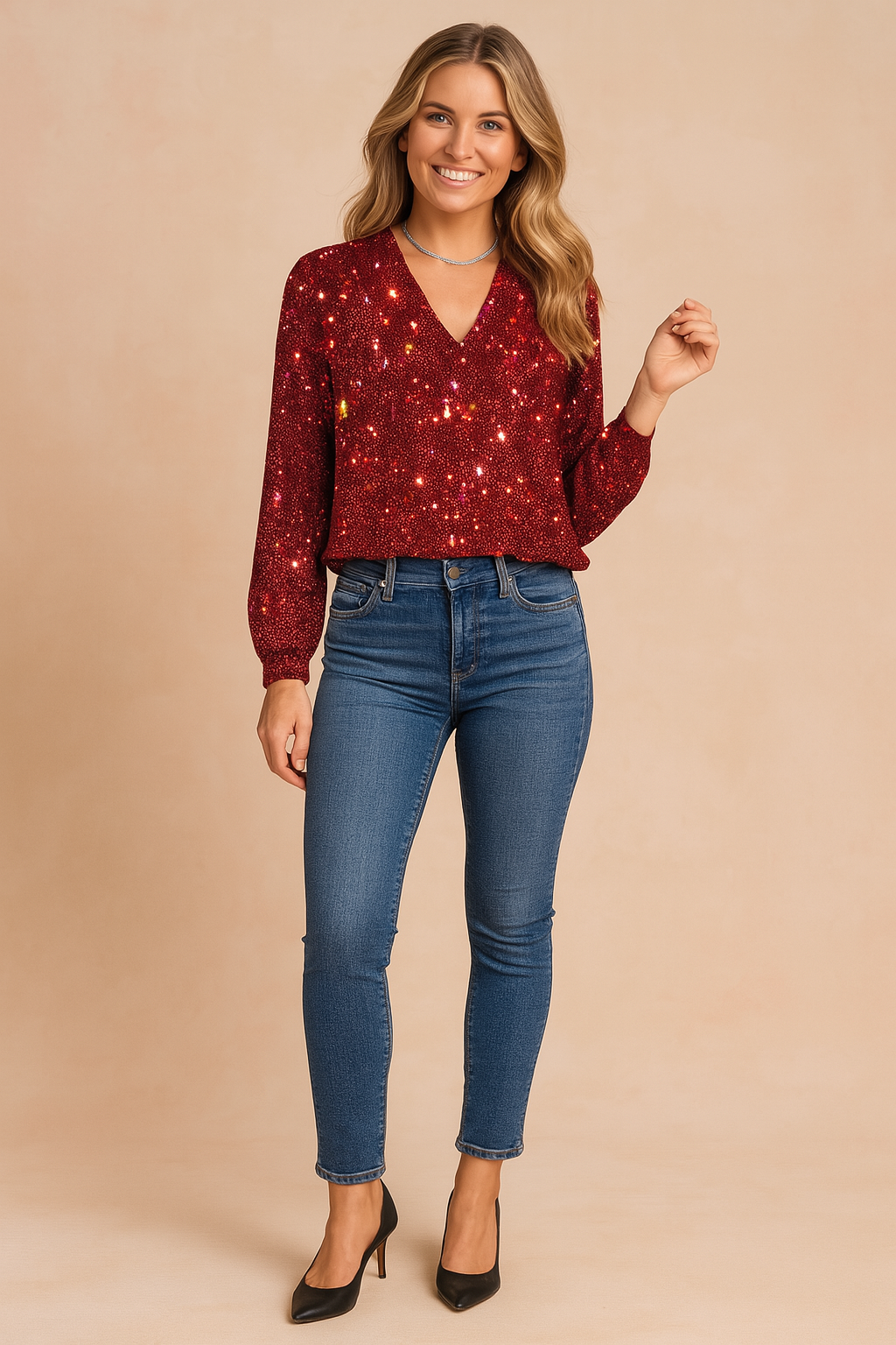 Red long-sleeve sequin blouse with a V-neckline and a relaxed fit, paired with mid-rise blue jeans and black pointed-toe heels.
