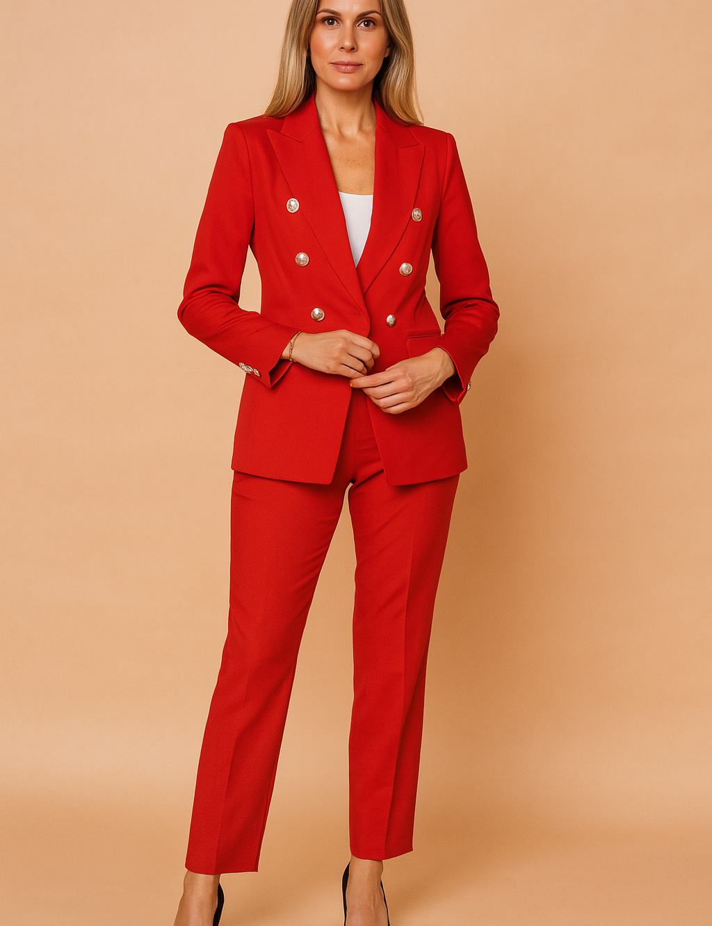 Bold red tailored pantsuit featuring a double-breasted blazer with silver embossed buttons and matching slim-fit trousers, paired with a white scoop-neck inner top.