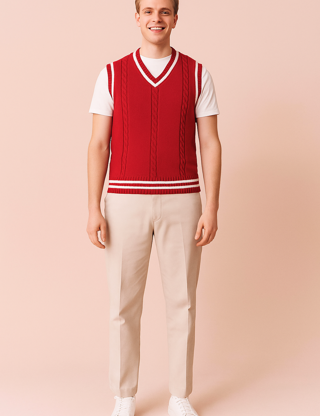 Bold red V-neck sweater with a soft knitted fabric.