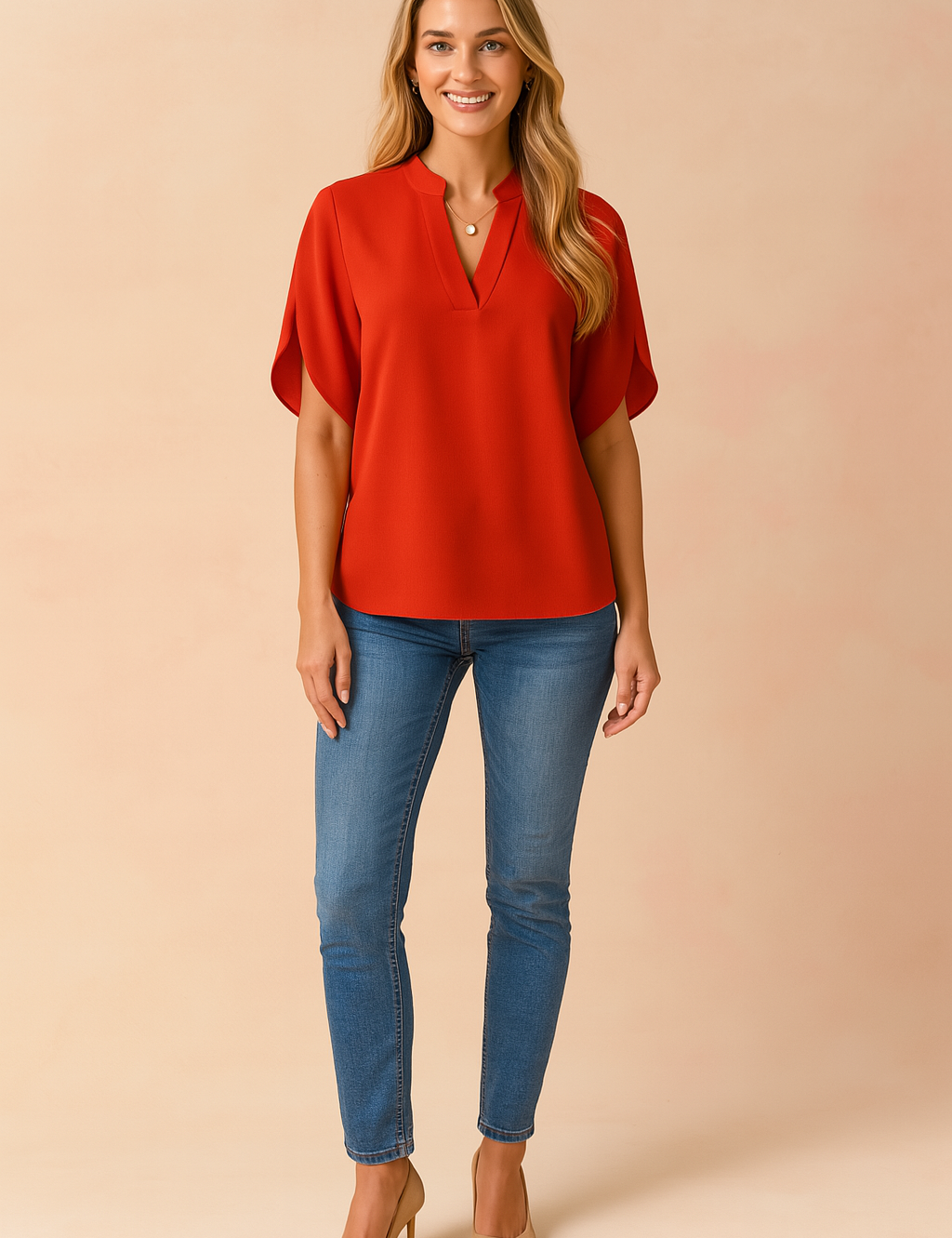 Women's casual outfit featuring a short-sleeve emerald green V-neck blouse paired with high-rise blue skinny jeans.