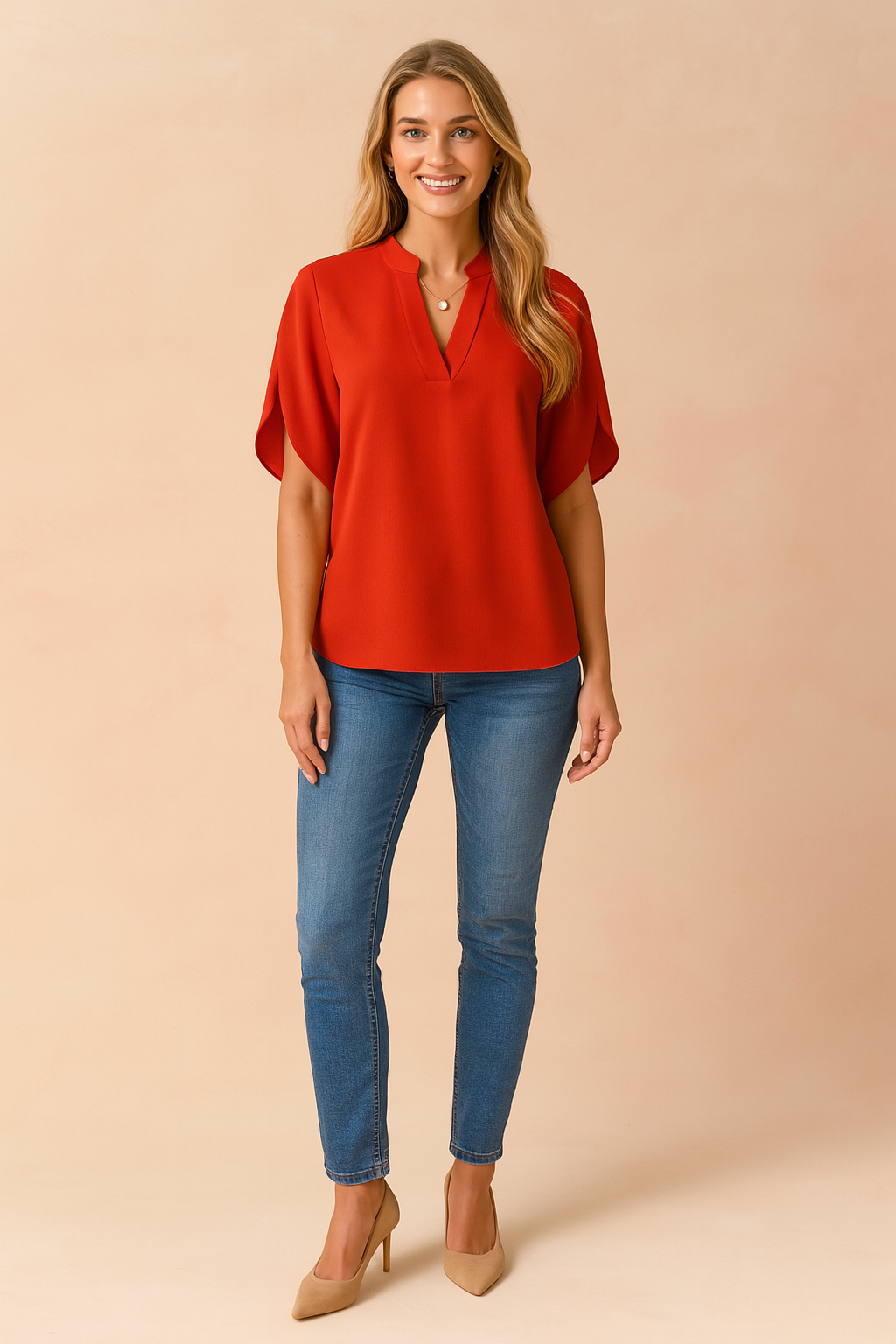 Women's casual outfit featuring a short-sleeve emerald green V-neck blouse paired with high-rise blue skinny jeans.