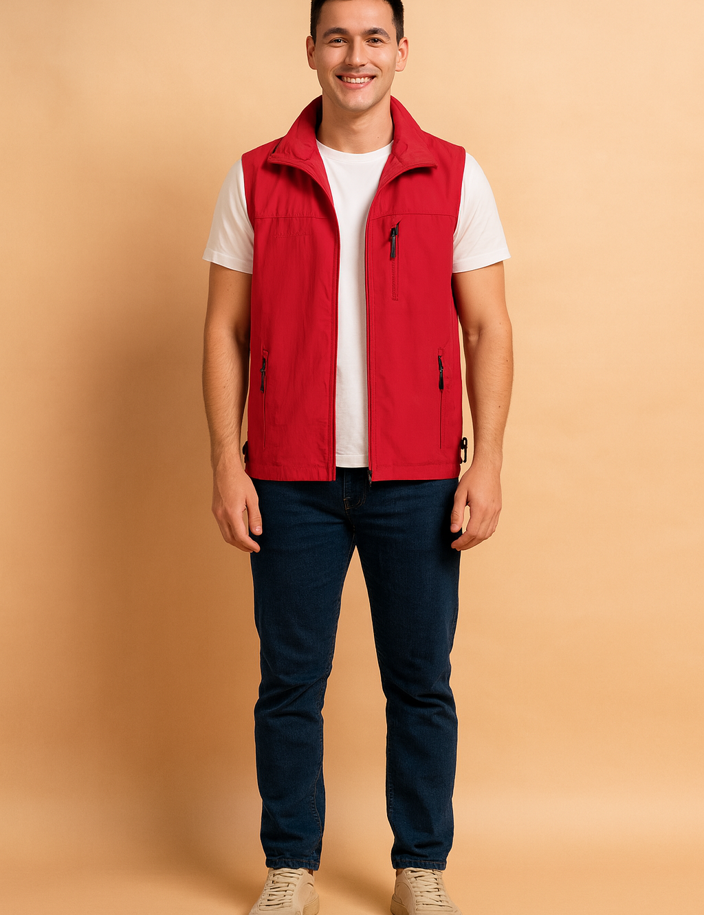 Men’s lightweight red zippered vest with high collar and multiple pockets, styled over a white T-shirt for casual outdoor wear.