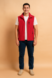 Men’s lightweight red zippered vest with high collar and multiple pockets, styled over a white T-shirt for casual outdoor wear.