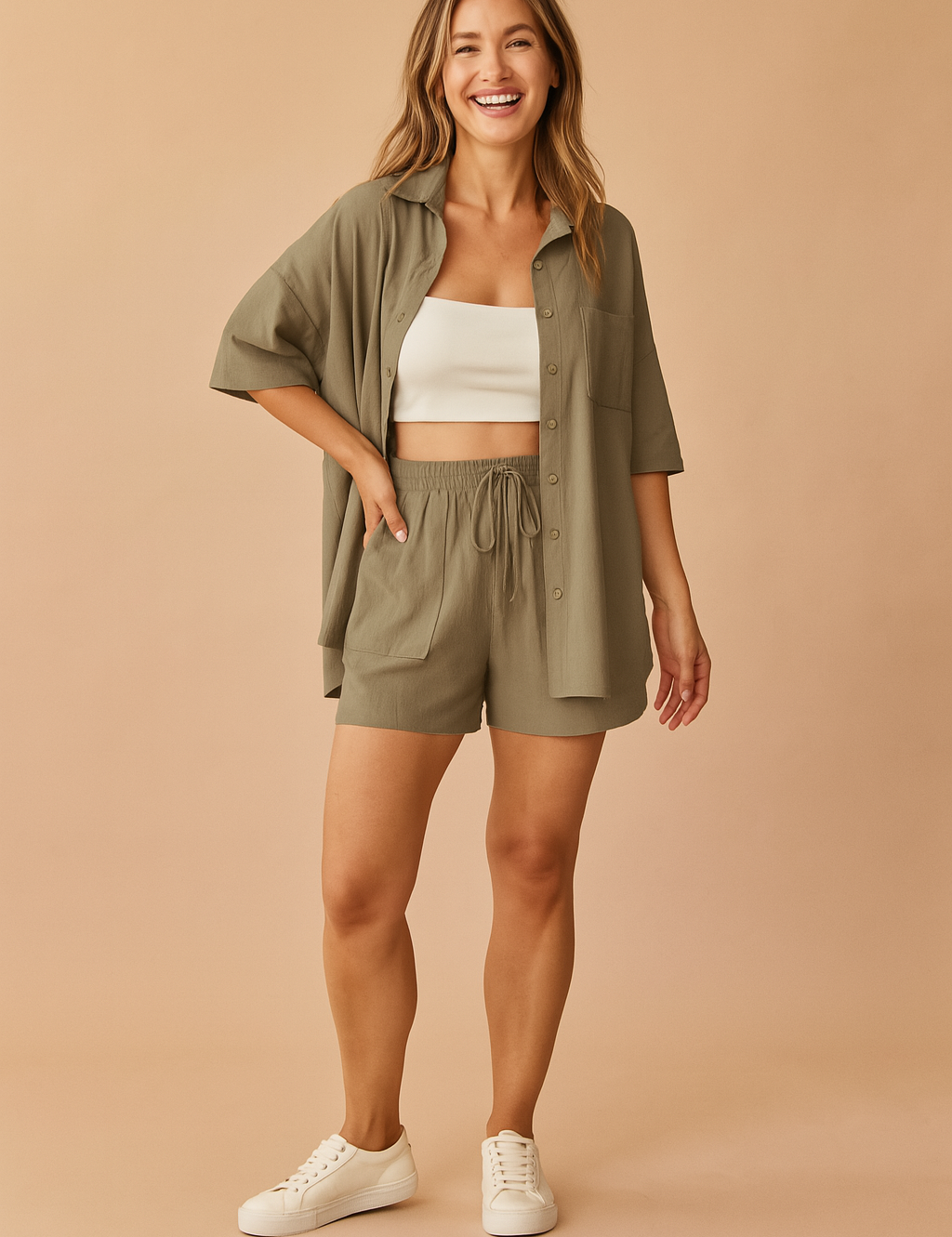 Two-piece coord set featuring a relaxed amry-green button-up shirt with six buttons and a chest pocket, paired with matching drawstring shorts in the same shade and texture, showcasing a casual yet refined cut with visible pocket seams.