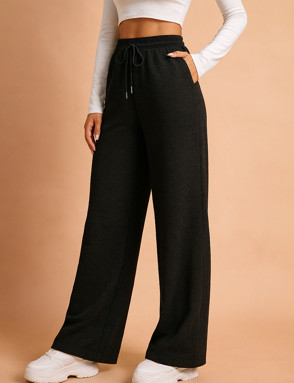 Wide-leg black lounge pants with an elastic drawstring waistband and side pockets, styled with white chunky sneakers and a long-sleeve fitted crop top.