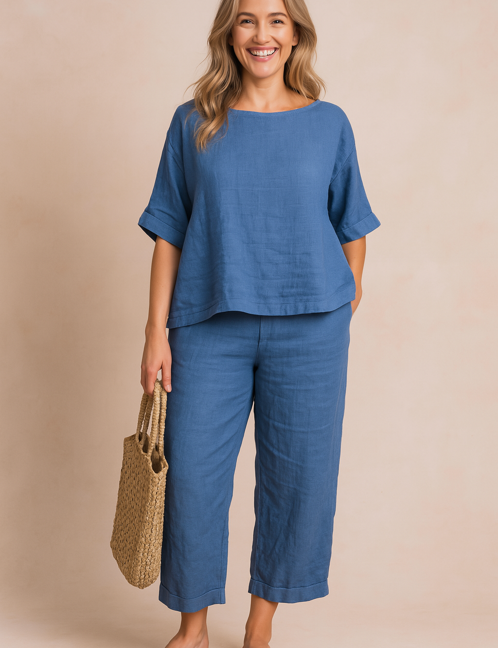 Two-piece blue linen set featuring a relaxed-fit elbow-sleeve top and cropped wide-leg pants with subtle texture, styled with tan slide sandals and a woven tote bag.