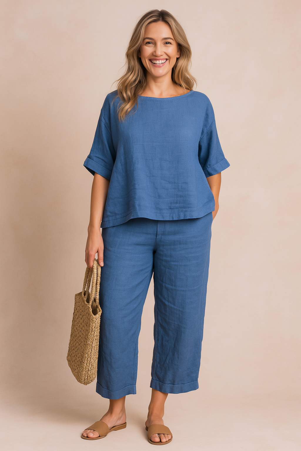 Two-piece blue linen set featuring a relaxed-fit elbow-sleeve top and cropped wide-leg pants with subtle texture, styled with tan slide sandals and a woven tote bag.
