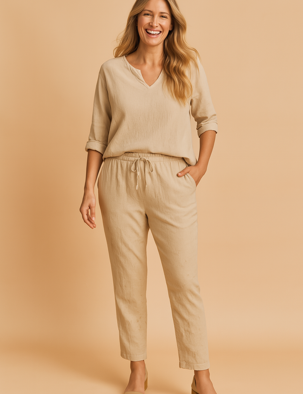 Two-piece linen beachwear set in light Khaki, featuring a relaxed-fit long-sleeve shirt with a notched neckline and matching drawstring trousers, crafted from lightweight textured fabric ideal for summer.