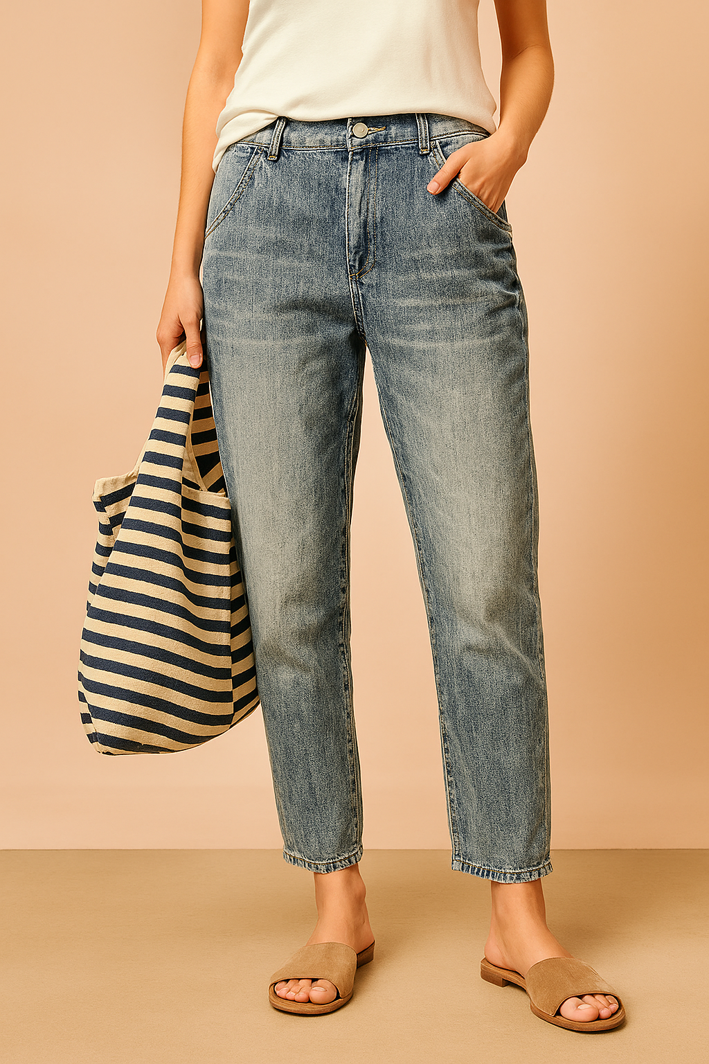 Light-wash tapered denim jeans with a relaxed fit and front pockets, styled with a white tucked-in top and beige open-toe sandals, paired with a navy-striped tote bag.
