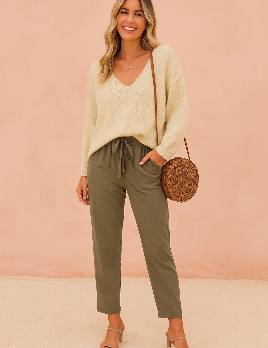 Cream knit V-neck sweater paired with olive green drawstring pants, complemented by beige block-heeled sandals and a round woven rattan crossbody bag.
