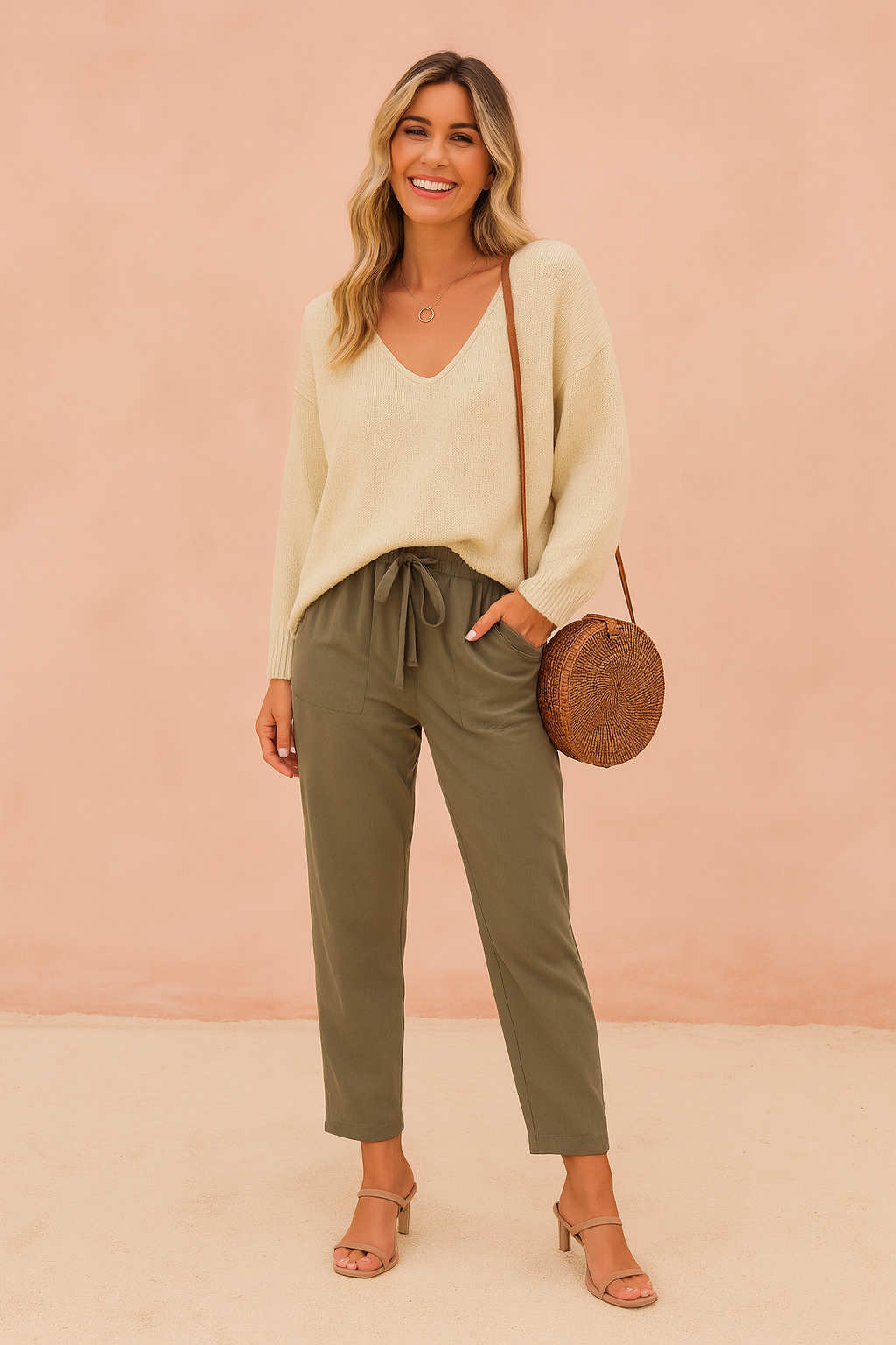 Cream knit V-neck sweater paired with olive green drawstring pants, complemented by beige block-heeled sandals and a round woven rattan crossbody bag.
