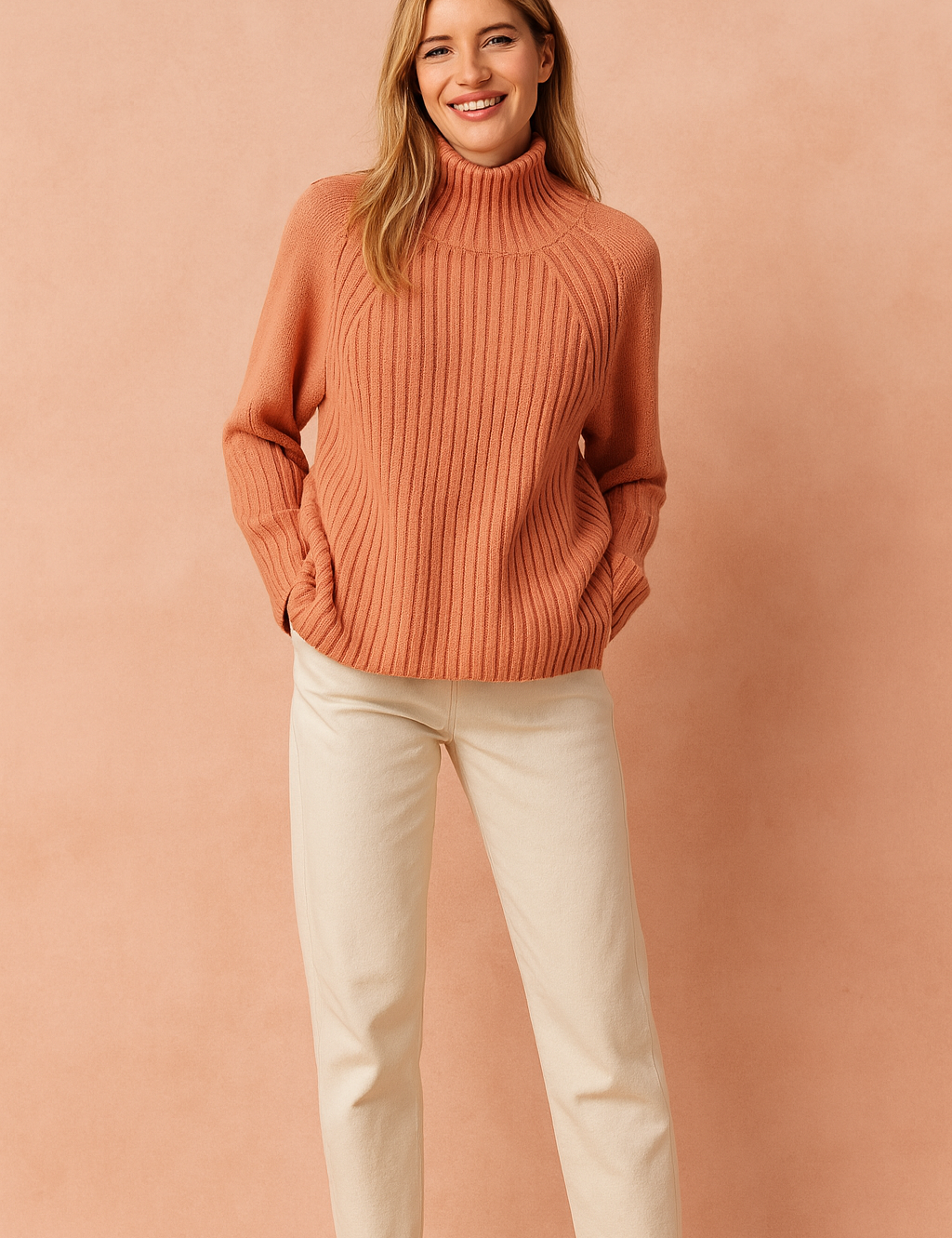 Cozy terracotta ribbed turtleneck sweater paired with straight-leg cream trousers and white sneakers, creating a relaxed yet stylish casual look.