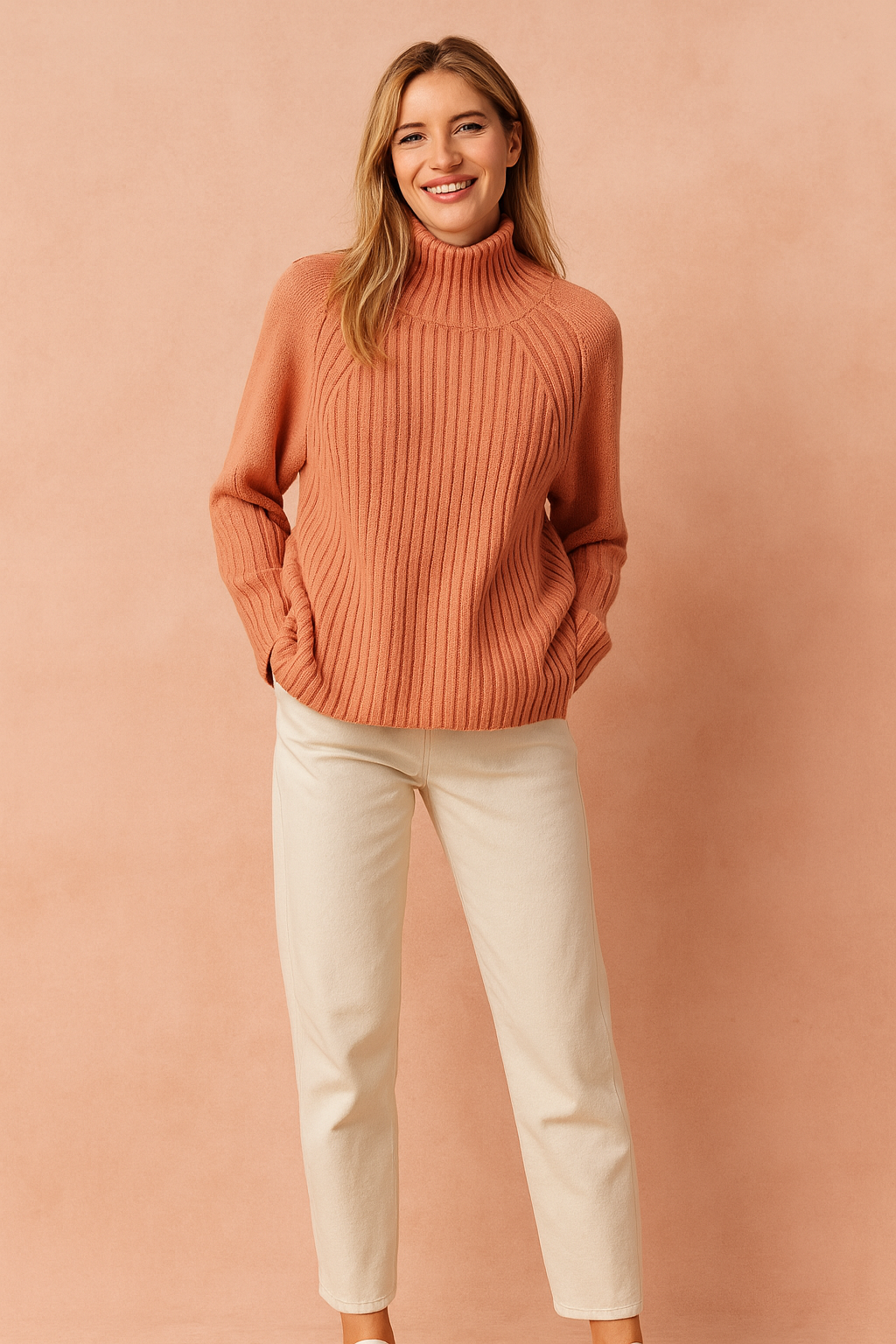 Cozy terracotta ribbed turtleneck sweater paired with straight-leg cream trousers and white sneakers, creating a relaxed yet stylish casual look.
