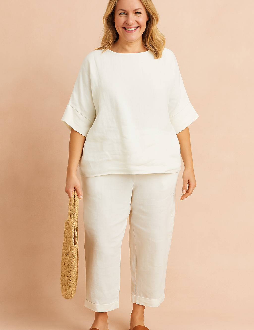 Minimalist white linen two-piece set featuring a loose-fit short-sleeve top and cropped straight-leg pants with subtle side button detail, offering a relaxed and breathable silhouette perfect for everyday comfort and effortless summer style.