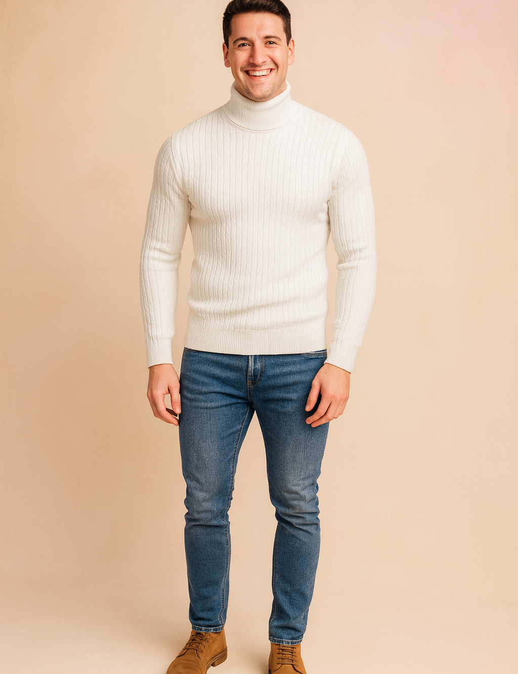 Ribbed white turtleneck sweater for men, slim fit design with long sleeves and vertical knit detailing, styled for a modern and elegant winter look.