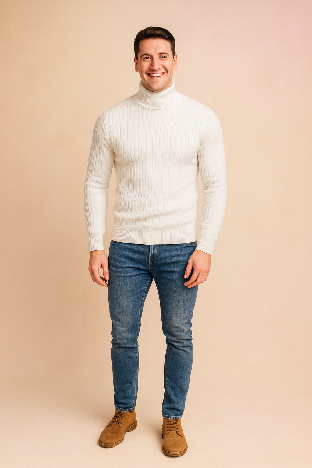 Ribbed white turtleneck sweater for men, slim fit design with long sleeves and vertical knit detailing, styled for a modern and elegant winter look.