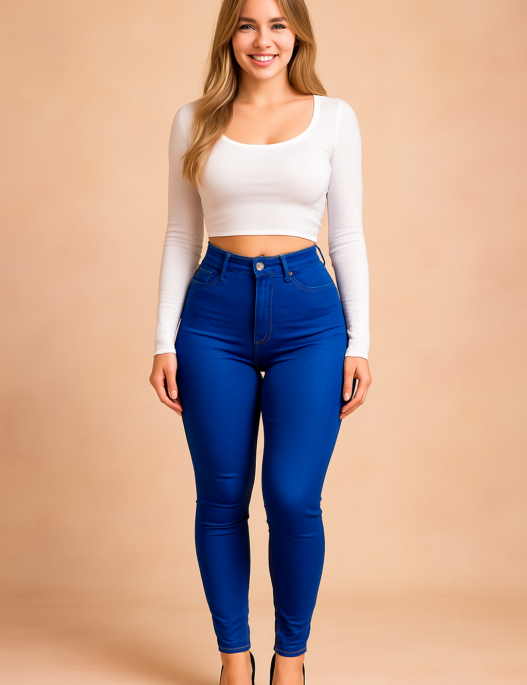 High-waisted royal blue skinny jeans paired with a fitted white crop top, showcasing a sleek, modern, and body-contouring design ideal for everyday wear.