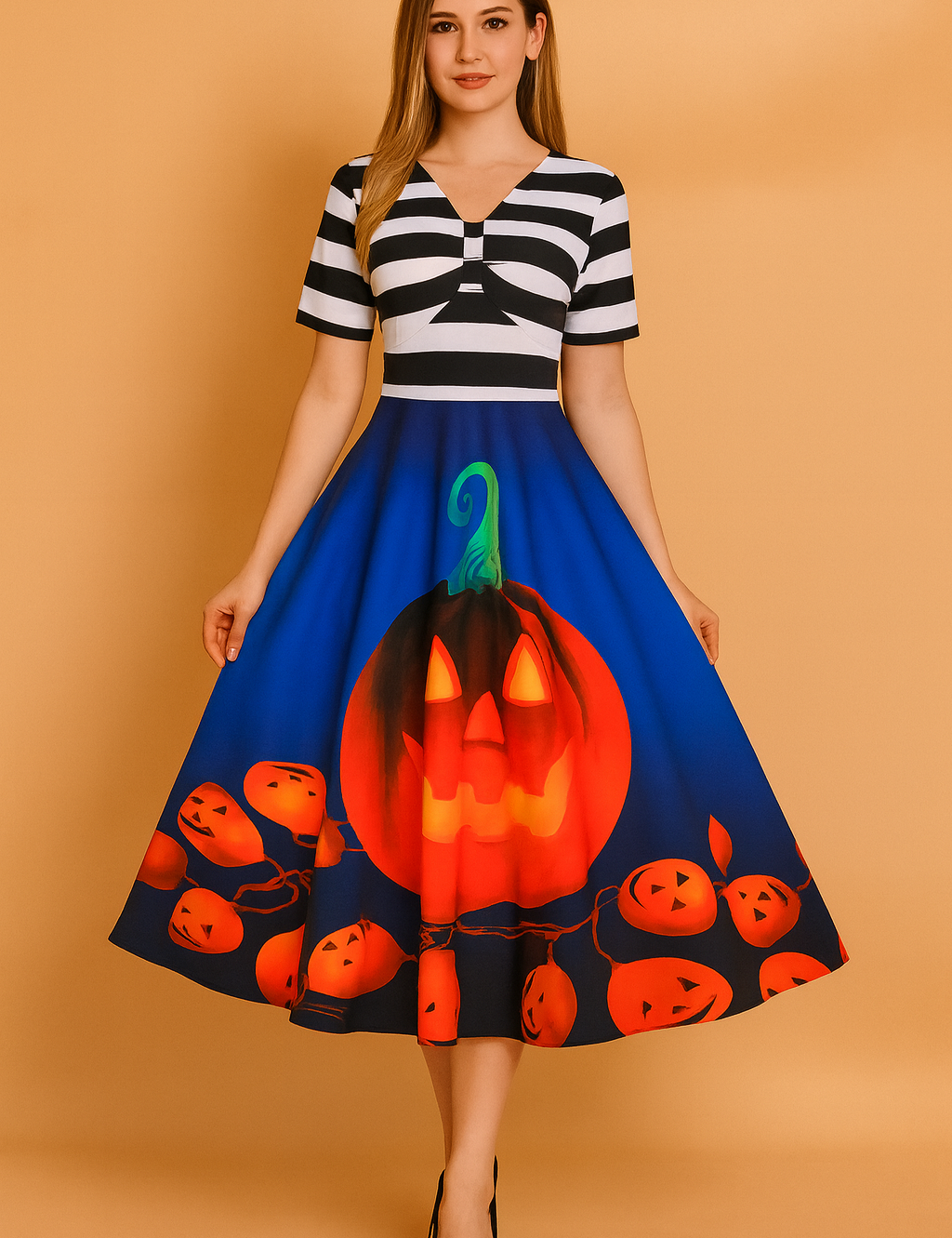 Rozkloszowana sukienka Halloween damska z nadrukiem dyni i lampionów w stylu retro.