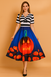 Rozkloszowana sukienka Halloween damska z nadrukiem dyni i lampionów w stylu retro.