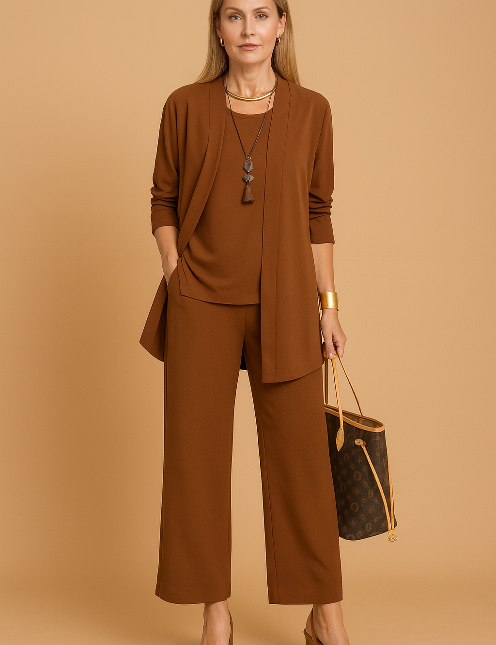 Rust brown three-piece women's set featuring a long open-front blazer, sleeveless scoop-neck top, and wide-leg pants in matching soft fabric, accessorized with a structured designer tote and heeled sandals.