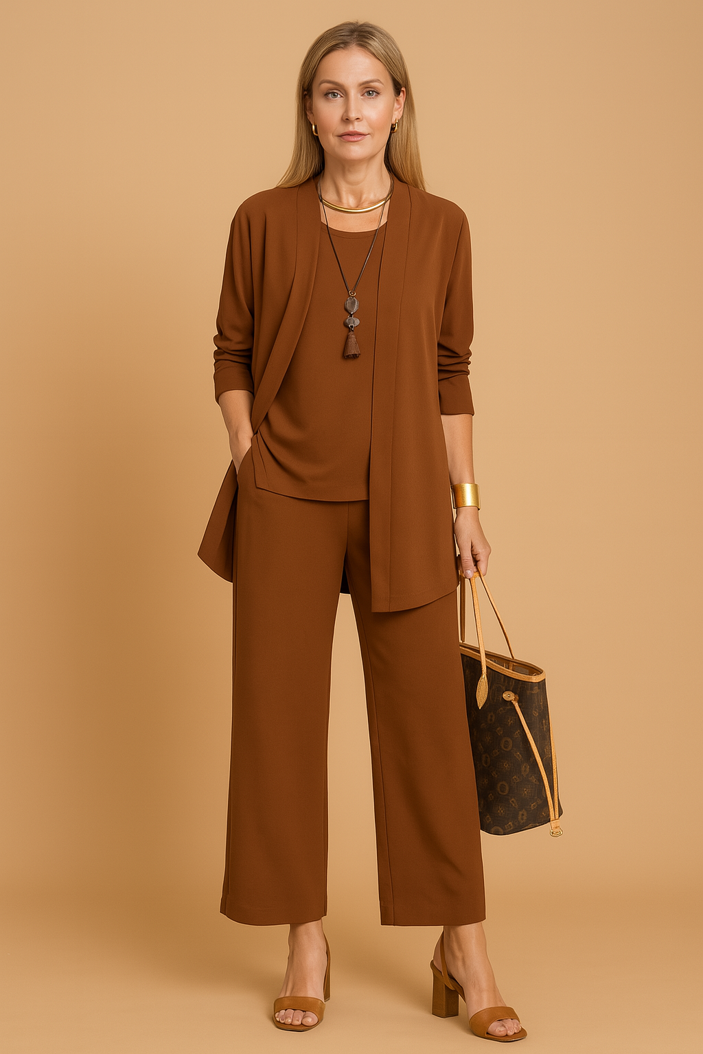 Rust brown three-piece women's set featuring a long open-front blazer, sleeveless scoop-neck top, and wide-leg pants in matching soft fabric, accessorized with a structured designer tote and heeled sandals.