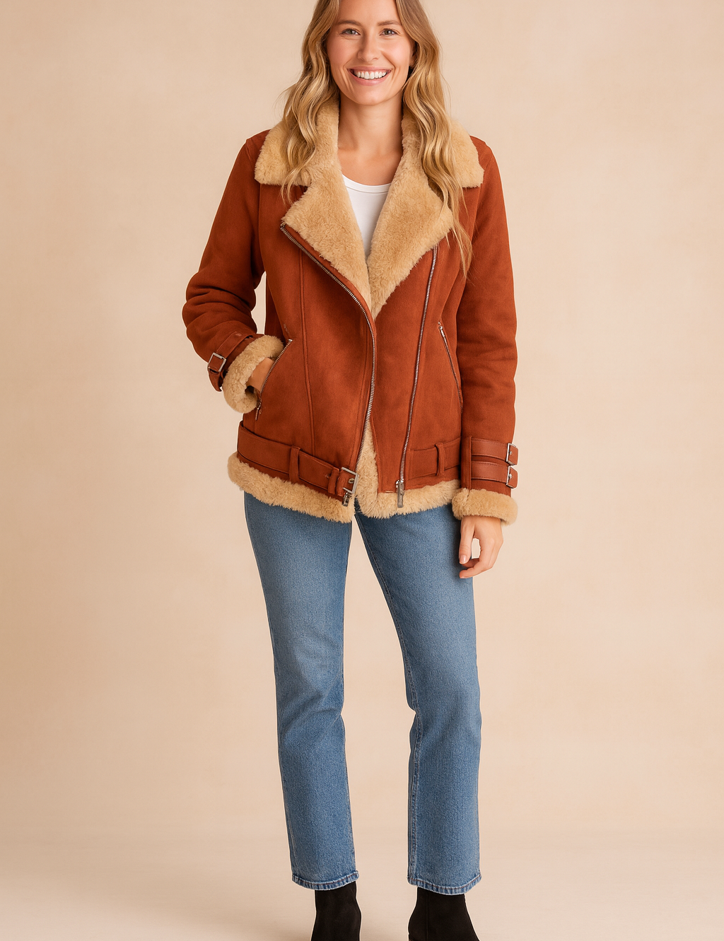 Rust-red shearling aviator jacket with beige faux shearling lining, detailed with zip closure, buckled straps, and hem belt, styled with light blue straight-leg jeans and black ankle boots