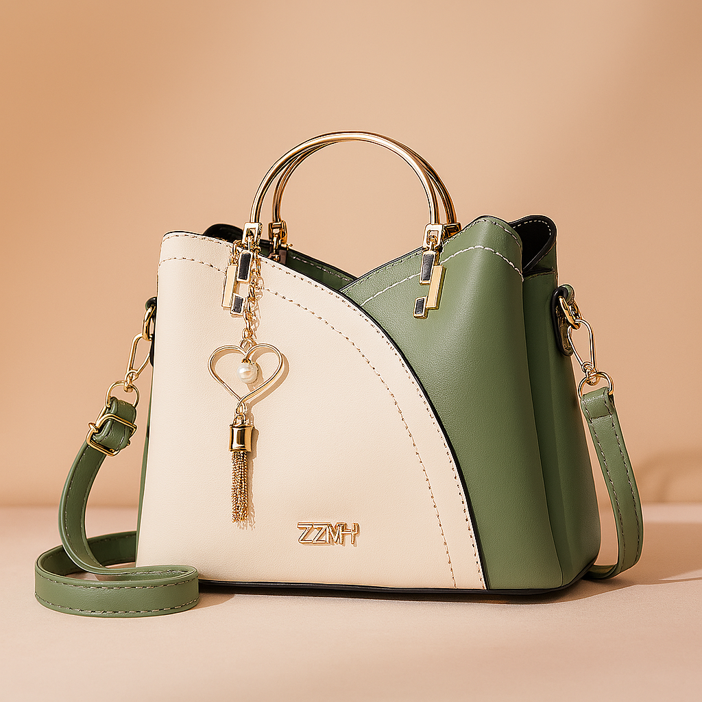 Structured two-tone handbag in sage green and ivory faux leather with gold hardware, heart charm, and matching strap, set against a warm blush and sand gradient background.
