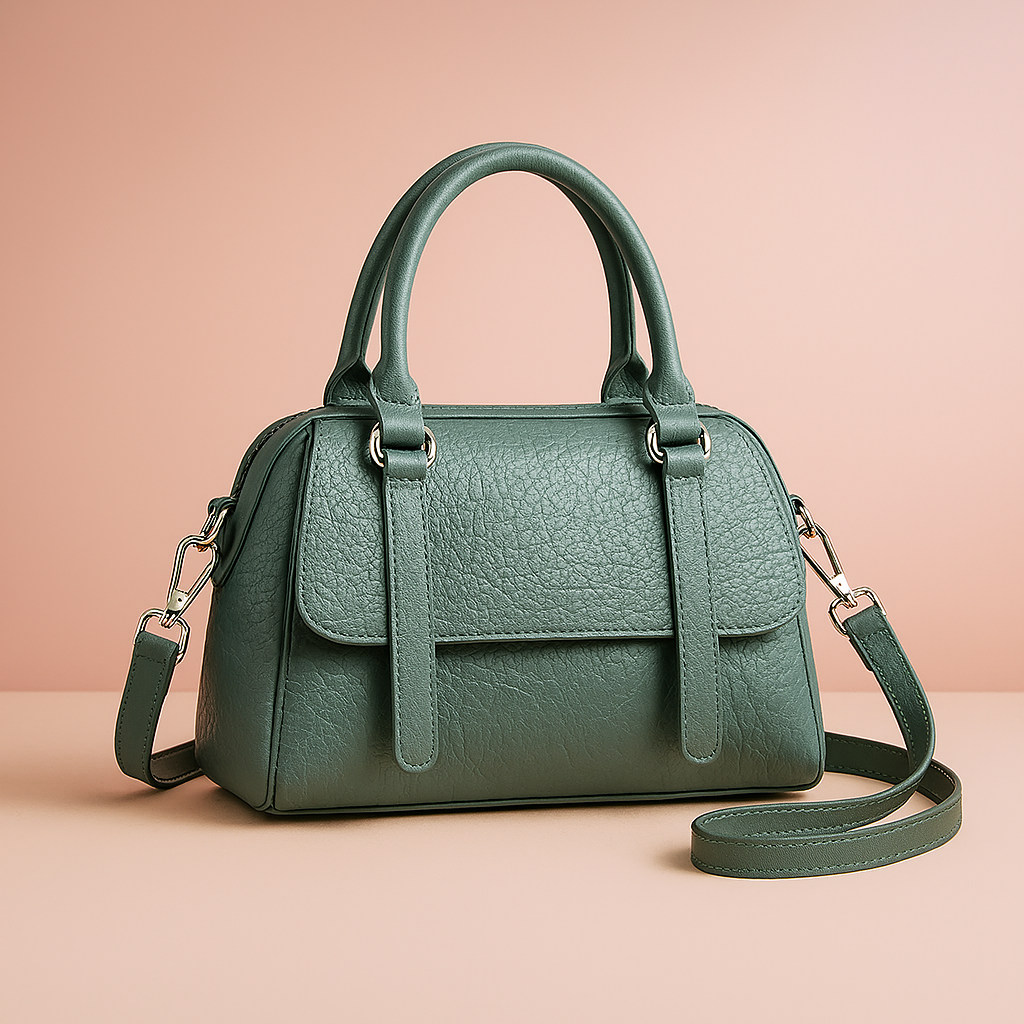 Structured sage green leather handbag with pebbled texture, silver hardware, dual top handles, and shoulder strap, styled on a warm-toned studio set.