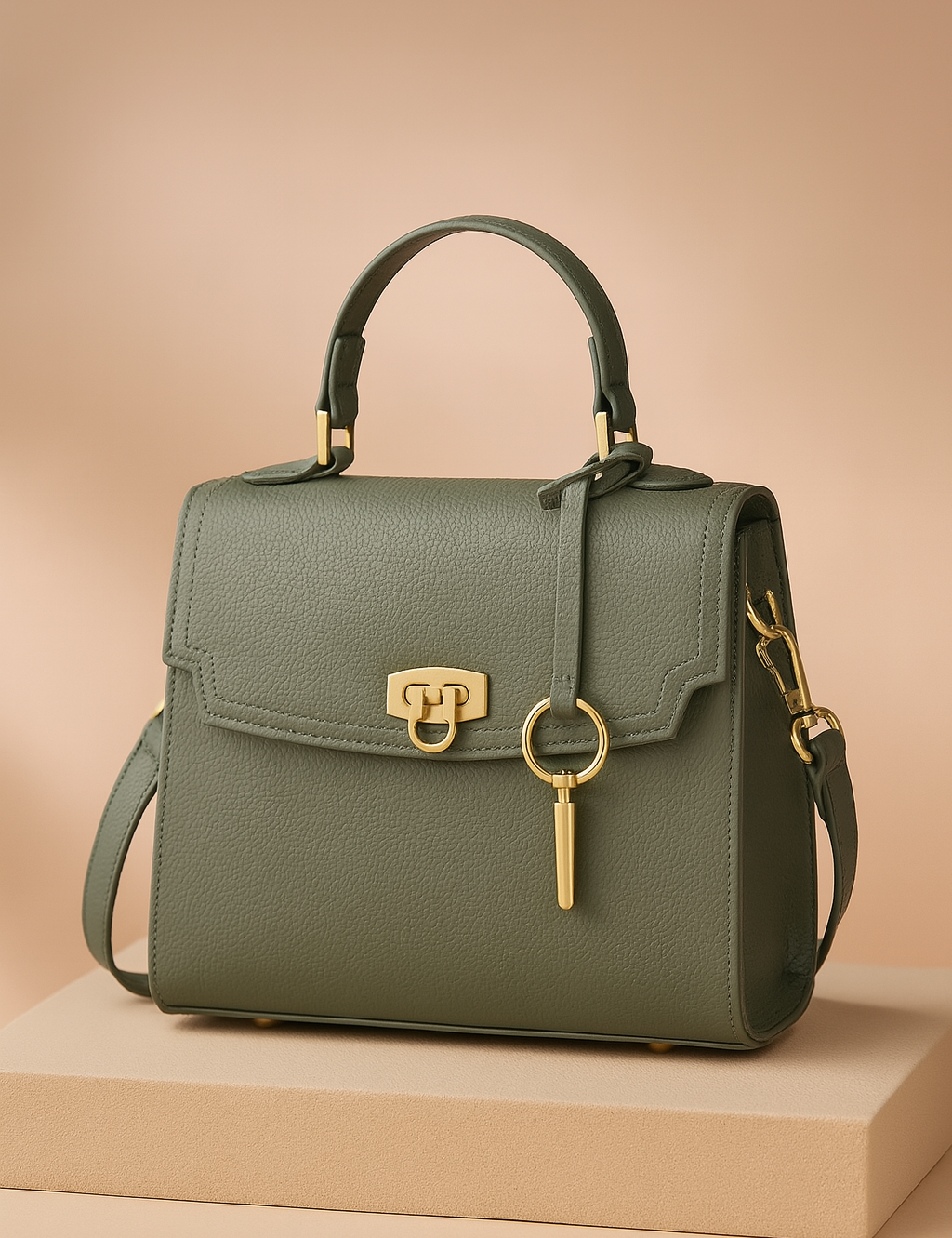 Structured sage green leather handbag with top handle, gold turn-lock clasp, key charm detail, and detachable shoulder strap, displayed on a sand-toned platform.