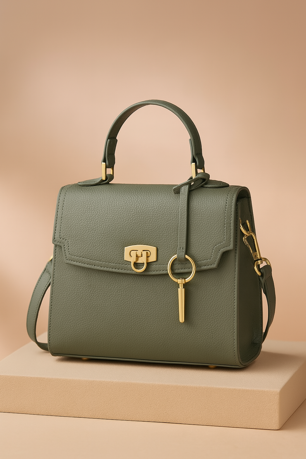 Structured sage green leather handbag with top handle, gold turn-lock clasp, key charm detail, and detachable shoulder strap, displayed on a sand-toned platform.
