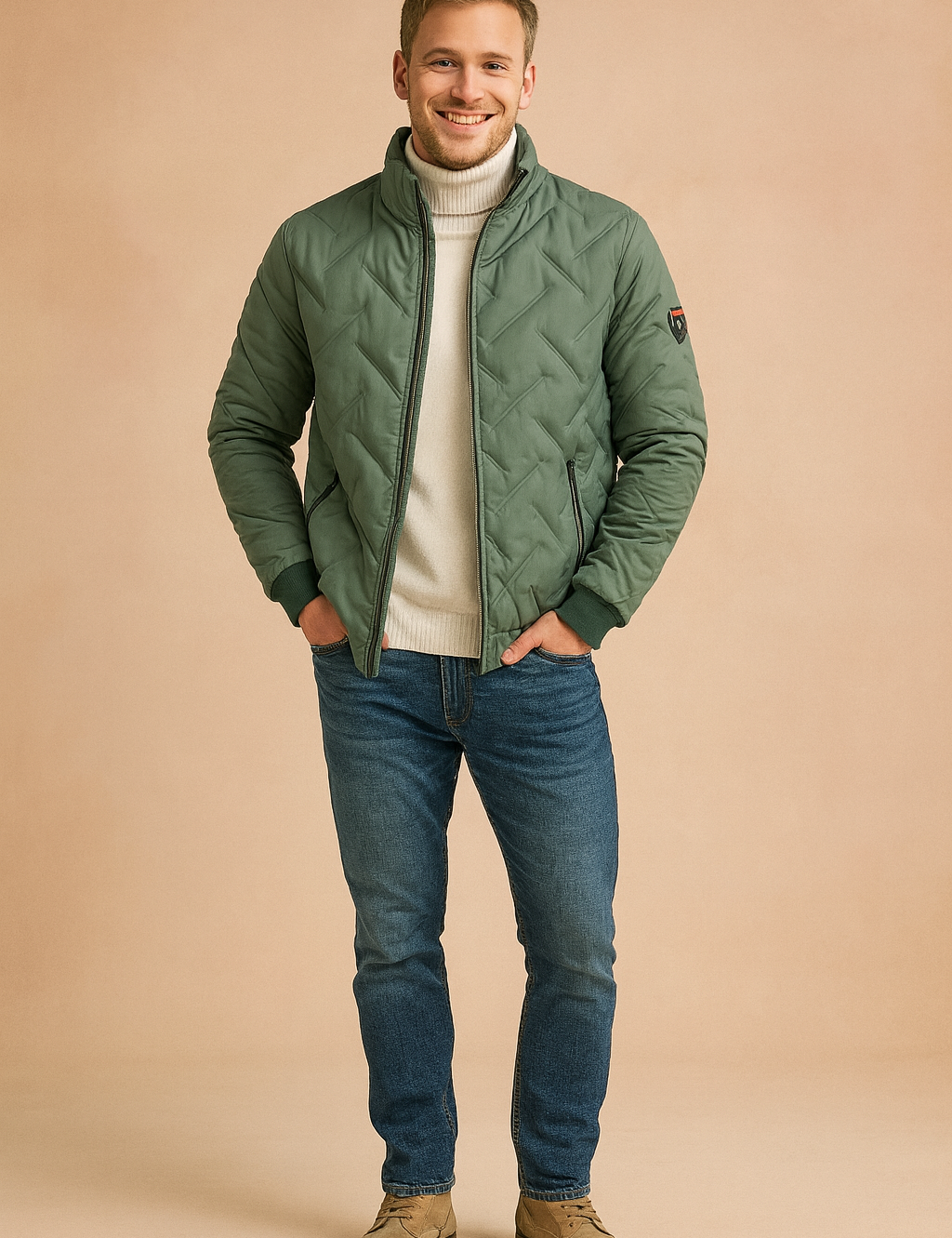 Sage green quilted jacket with V-shaped stitching, zip closure, black-trimmed zipper pockets, styled with a white turtleneck, slim blue jeans, and beige suede boots.